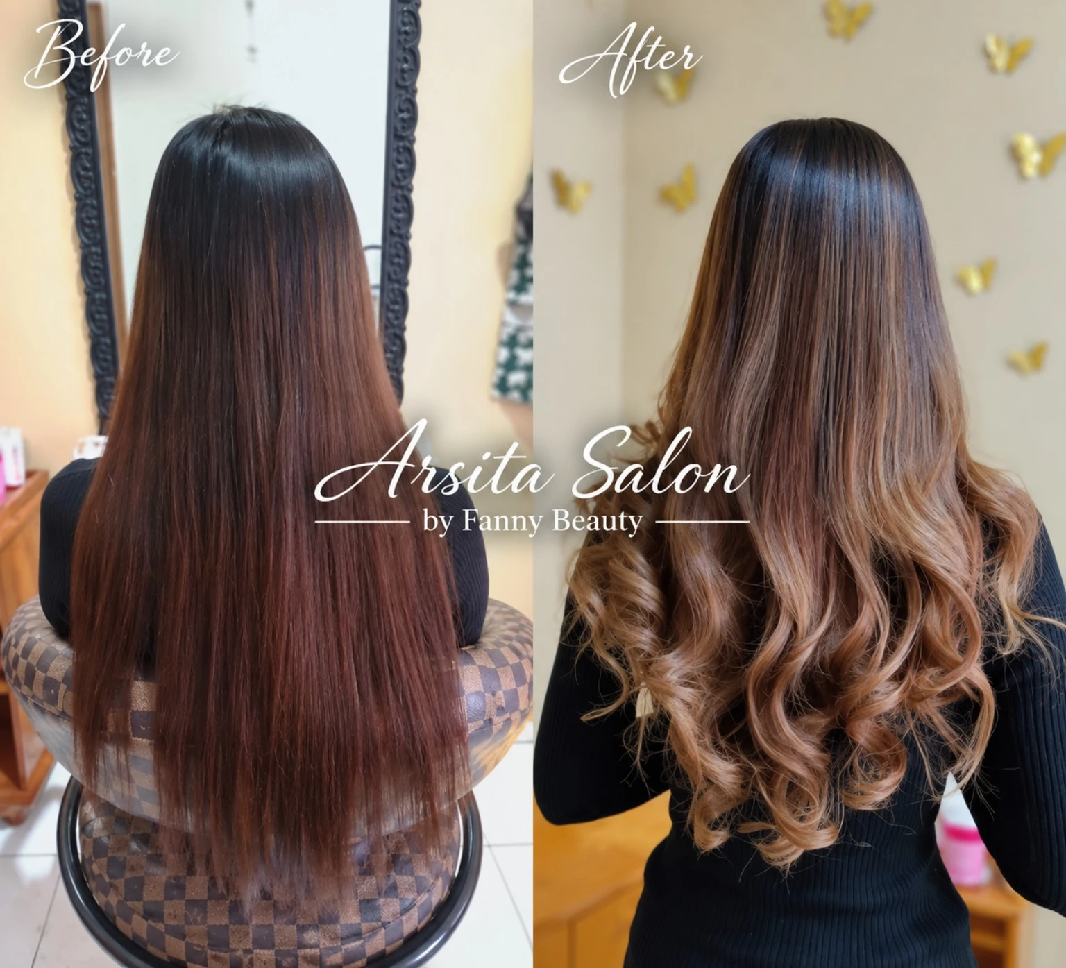 Perbandingan rambut cokelat sebelum dan rambut ikal dengan gradasi cokelat-blonde sesudah pewarnaan.