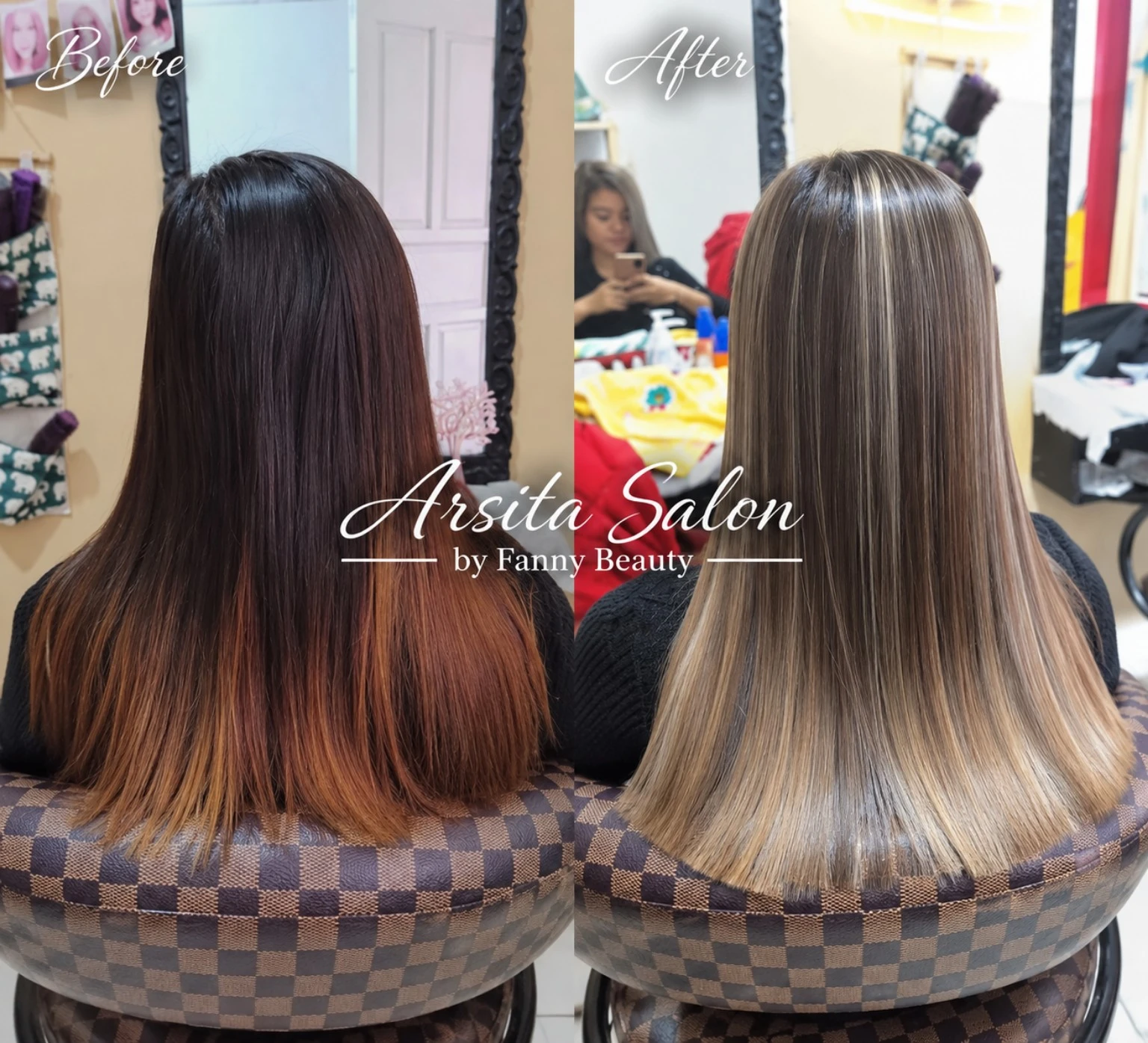 Perbandingan rambut cokelat sebelum dan rambut blonde berakar gelap sesudah pewarnaan.