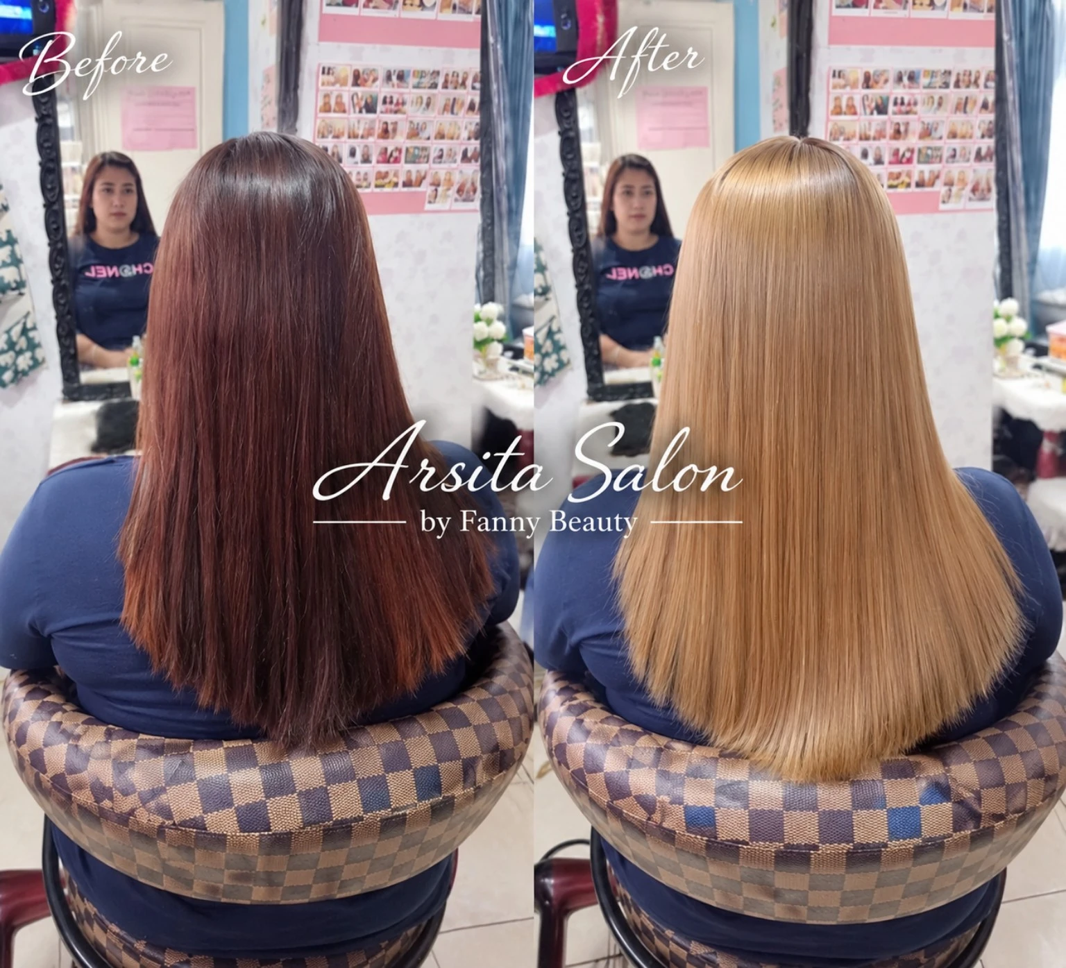 Perbandingan rambut cokelat sebelum dan rambut lurus blonde sesudah pewarnaan.