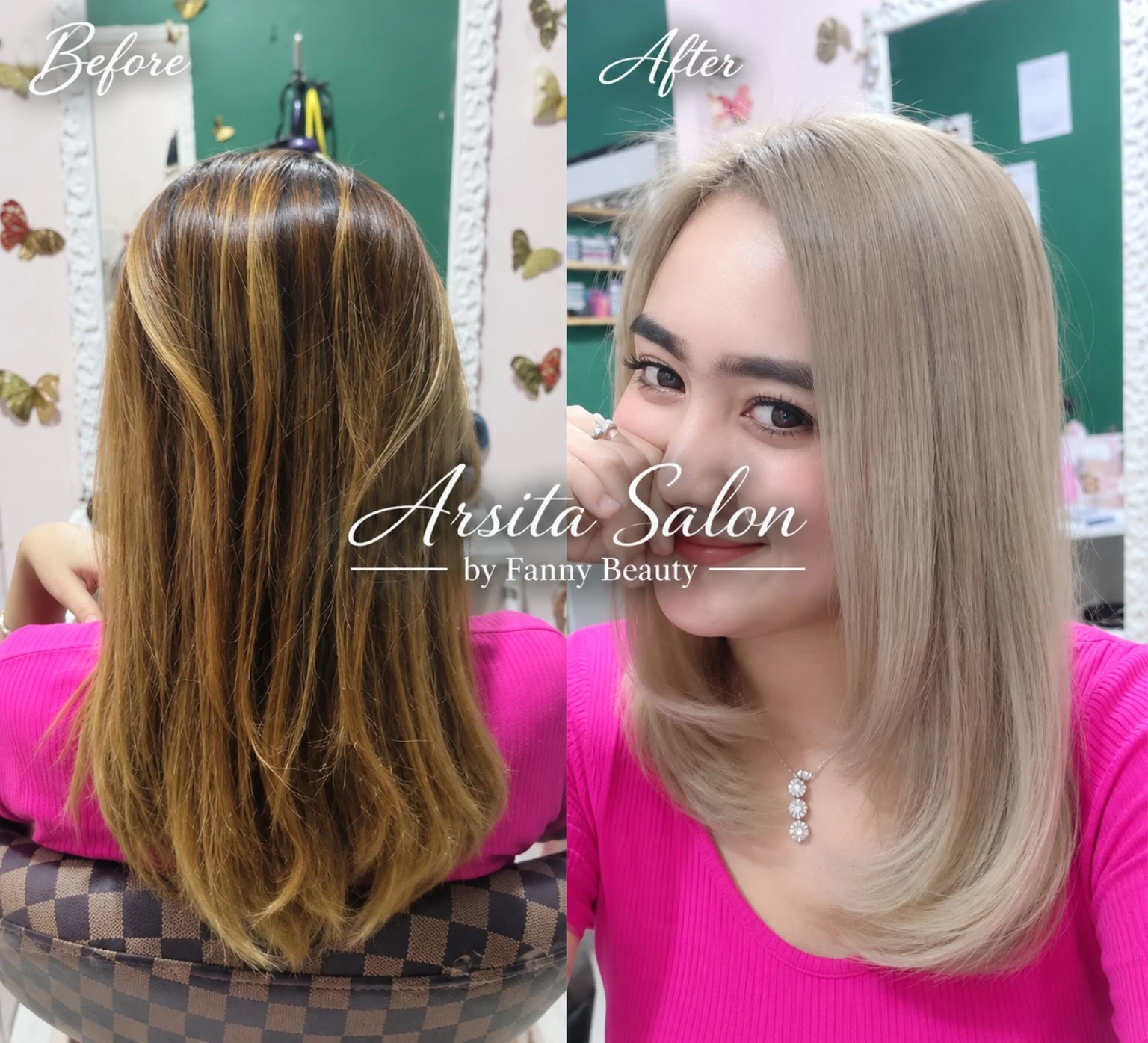 Perbandingan rambut cokelat berhighlight sebelum dan rambut silver-blonde sesudah pewarnaan.