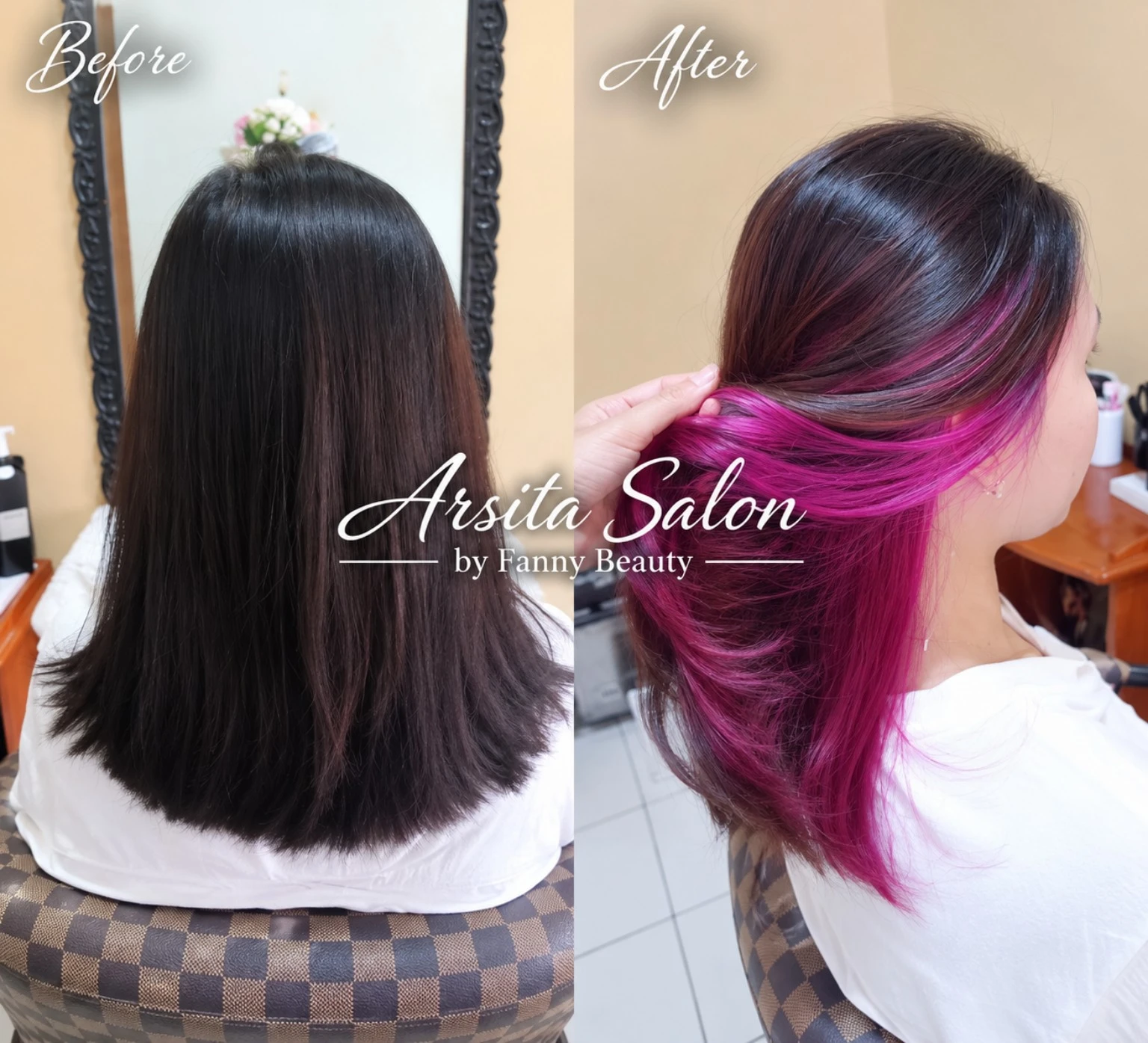 Perbandingan rambut hitam sebelum dan rambut hitam dengan aksen peekaboo magenta sesudah pewarnaan.