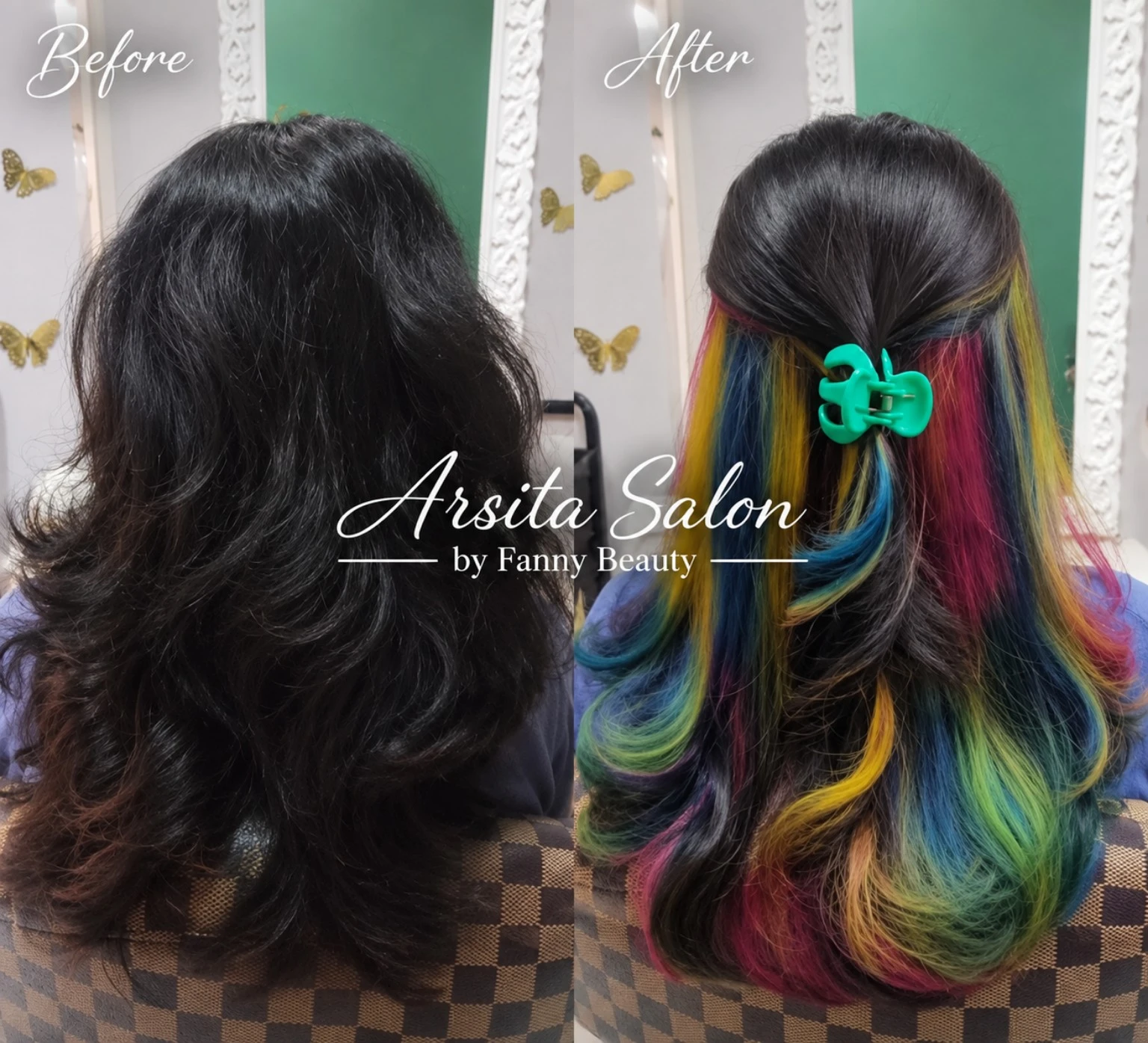 Perbandingan rambut hitam sebelum dan rambut panjang warna-warni sesudah pewarnaan.