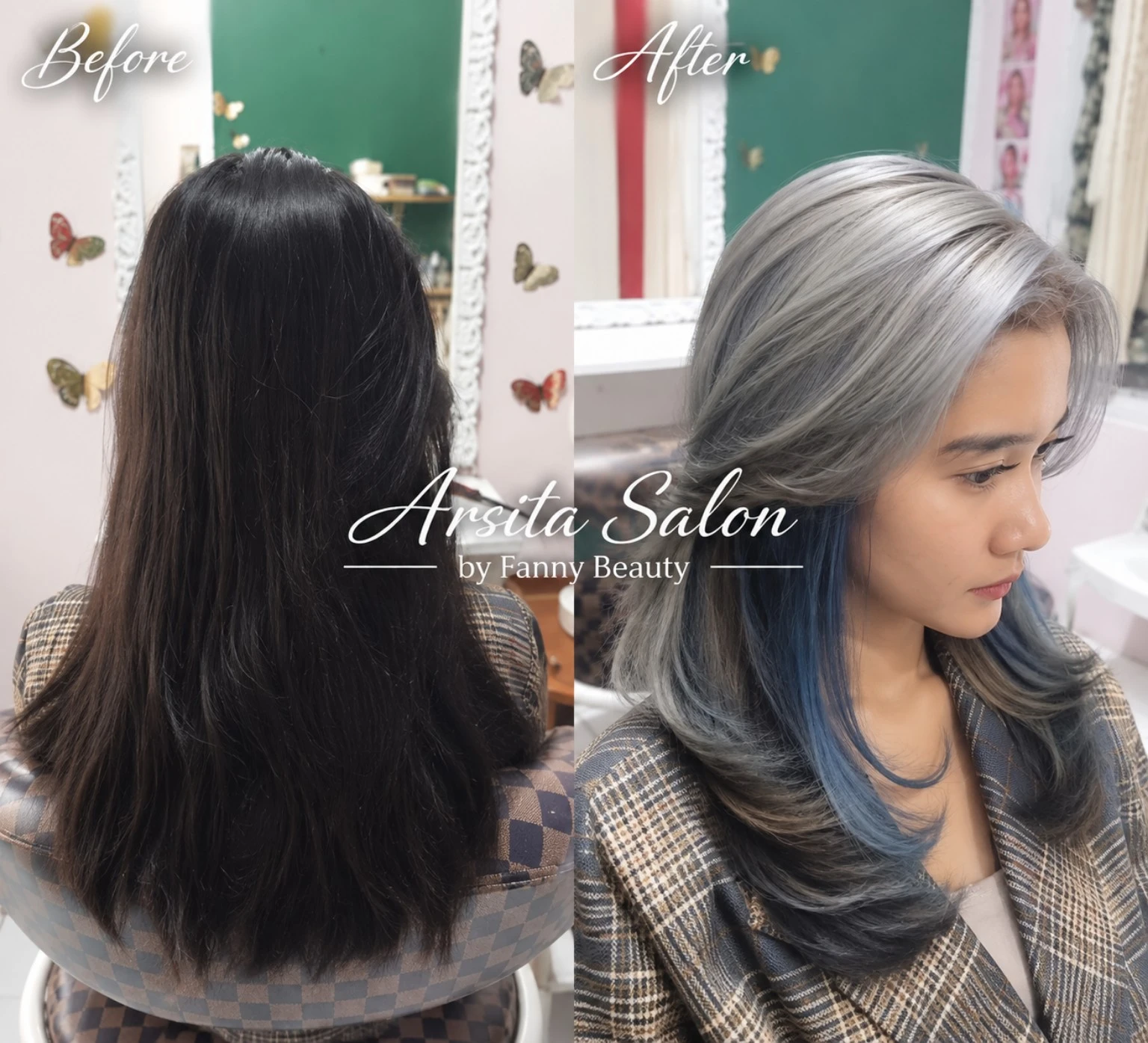 Perbandingan rambut hitam sebelum dan rambut panjang abu-abu smoky dengan ujung biru sesudah pewarnaan.
