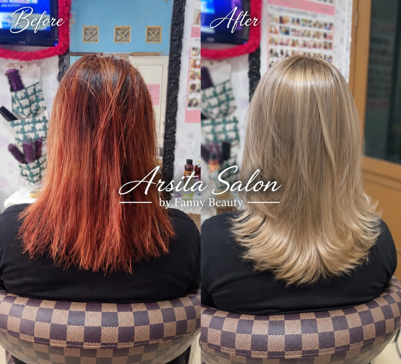 Perbandingan rambut tembaga-merah sebelum dan rambut blonde panjang sesudah pewarnaan.