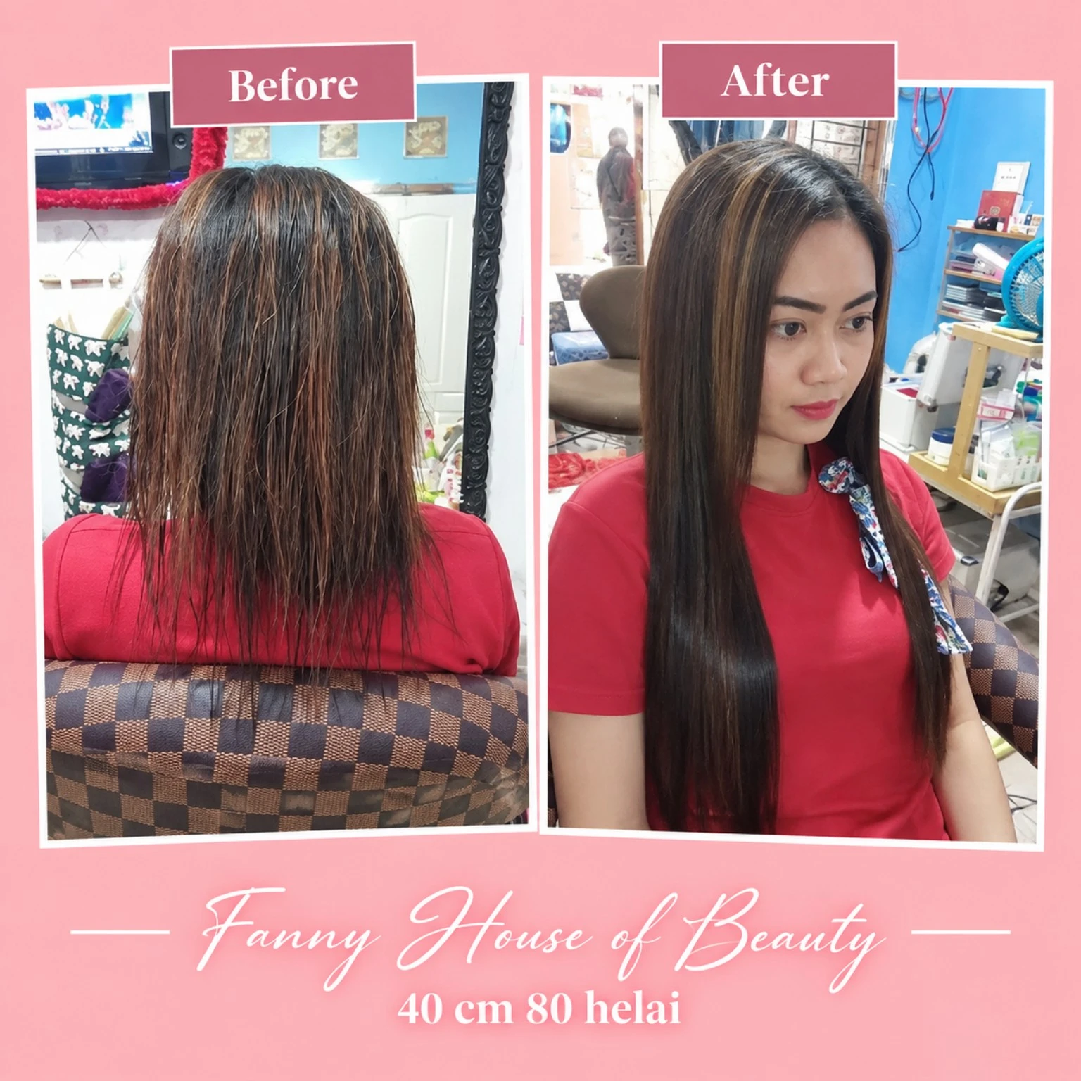 Sebelum dan sesudah hair extension 40 cm 80 helai di Arsita Salon