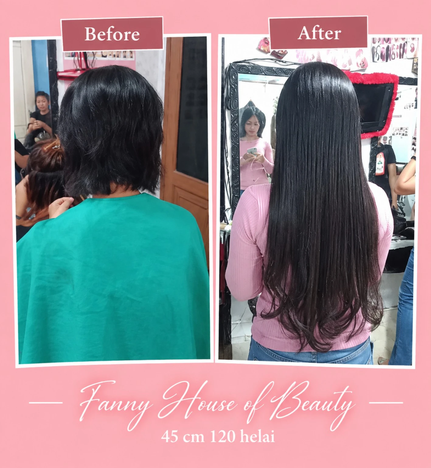 Sebelum dan sesudah hair extension 45 cm 120 helai di Arsita Salon