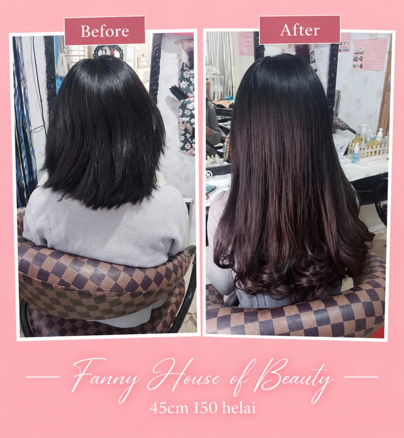 Sebelum dan sesudah hair extension 45 cm 150 helai di Arsita Salon