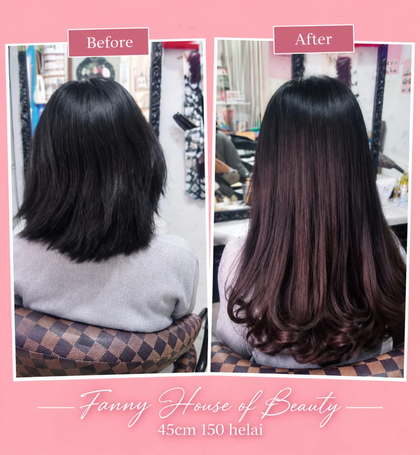 Hasil sebelum dan sesudah hair extension 45 cm 150 helai di Arsita Salon