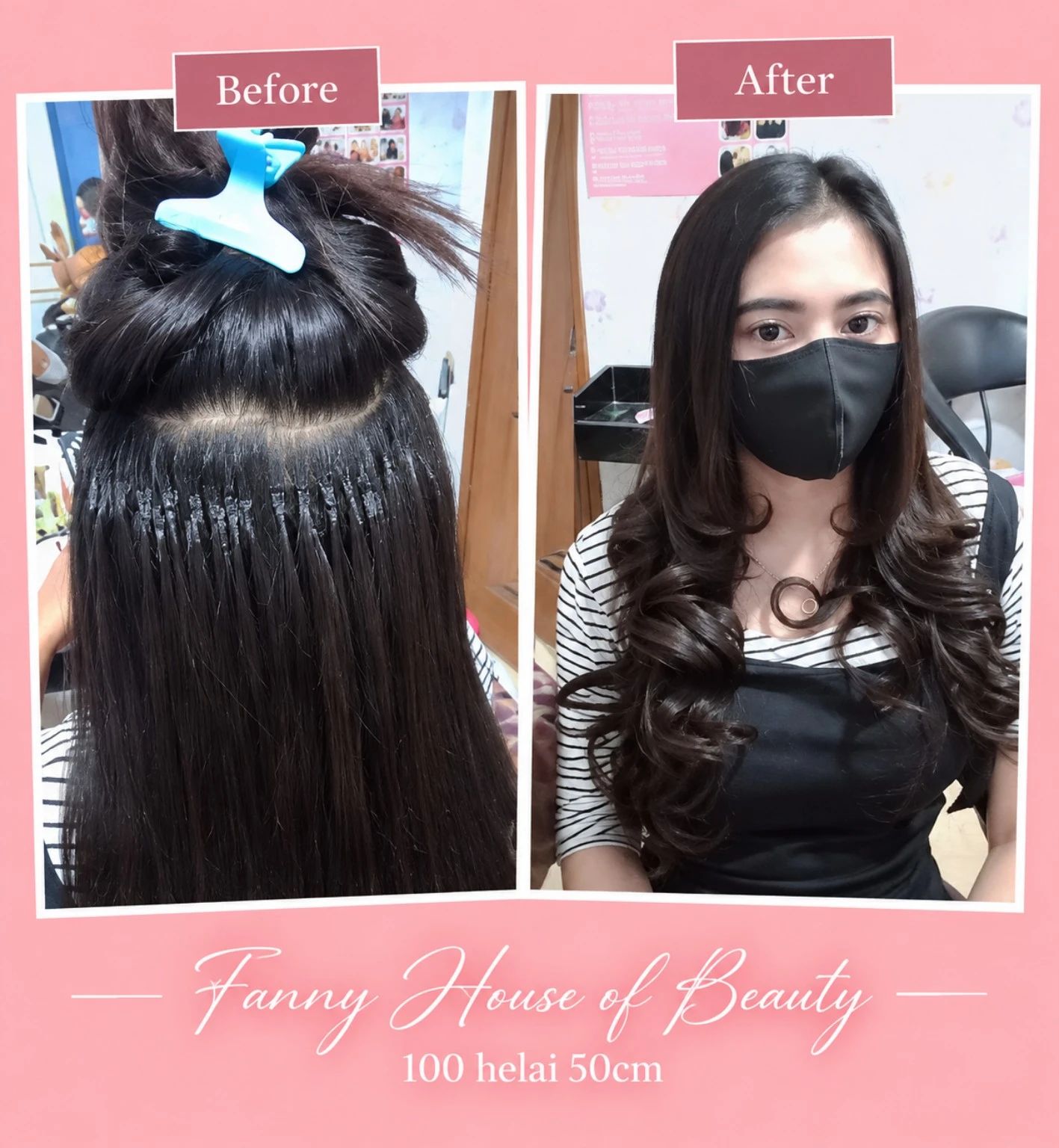 Proses pemasangan dan hasil hair extension 50 cm 100 helai bergelombang pada pelanggan bermasker di Arsita Salon.
