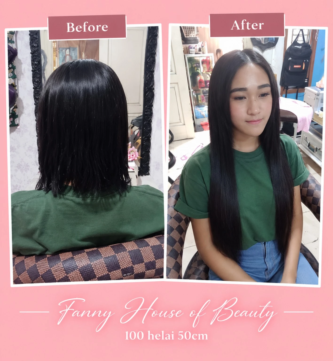 Sebelum rambut pendek dan sesudah hair extension lurus 50 cm 100 helai pada pelanggan berbaju hijau di Arsita Salon.