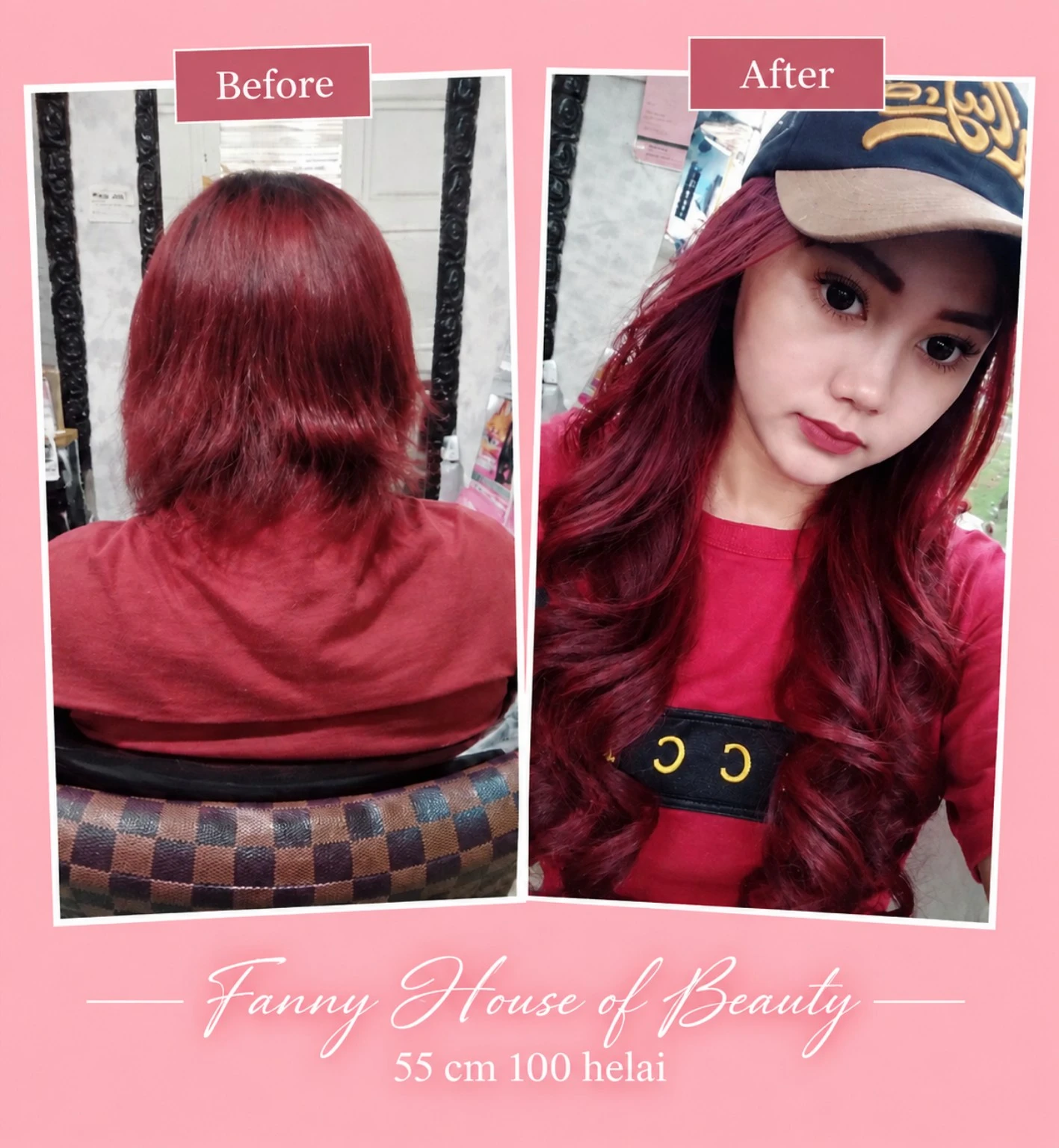 Sebelum dan sesudah hair extension 55 cm 100 helai di Arsita Salon