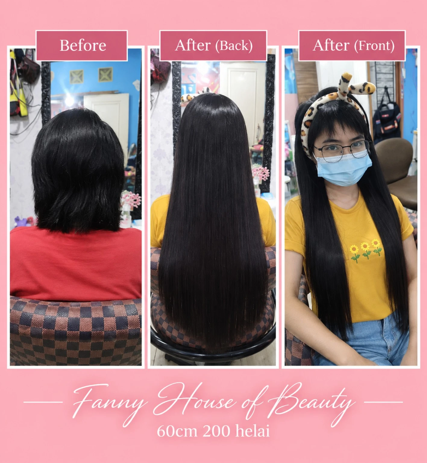 Sebelum dan sesudah hair extension 60 cm 200 helai di Arsita Salon