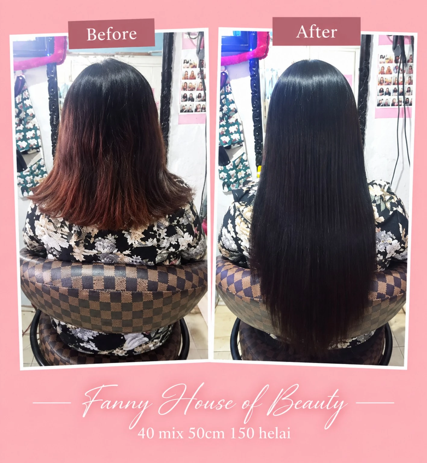 Sebelum dan sesudah hair extension mix 40 dan 50 cm 150 helai di Arsita Salon