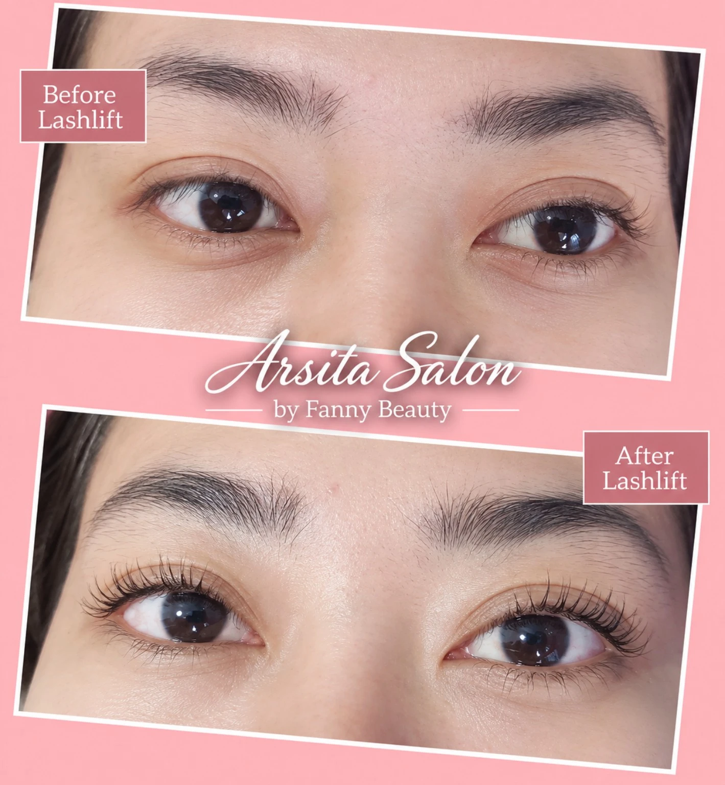 Kolase dua close-up area mata, berlabel Before Lashlift dan After Lashlift, dengan logo Arsita Salon.