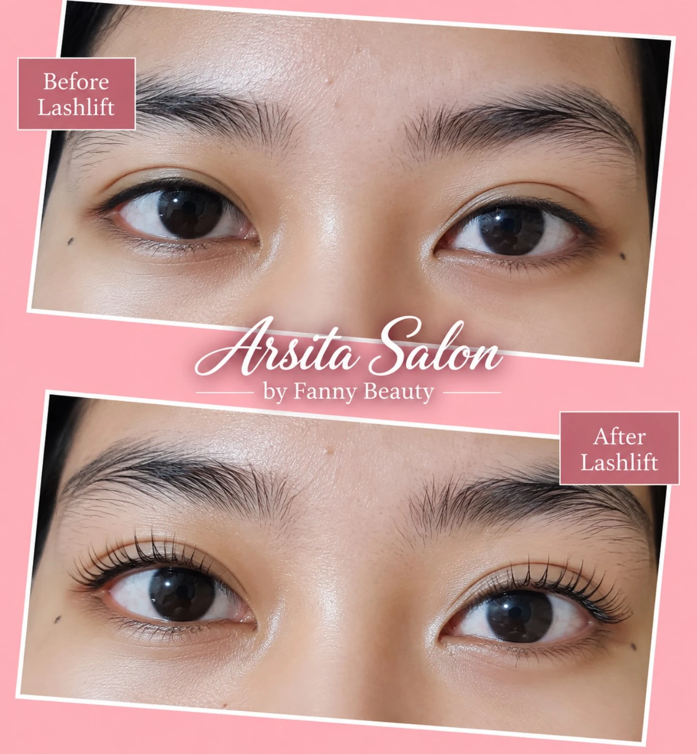 Kolase close-up area mata berlabel Before Lashlift dan After Lashlift, dengan logo Arsita Salon.