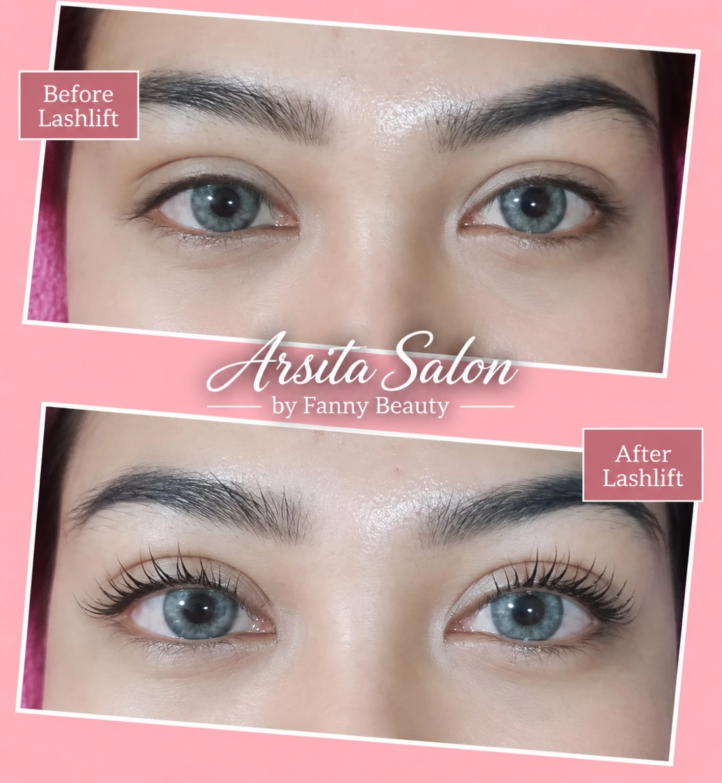 Dua foto close-up area mata berlabel Before Lashlift dan After Lashlift, dengan logo Arsita Salon.