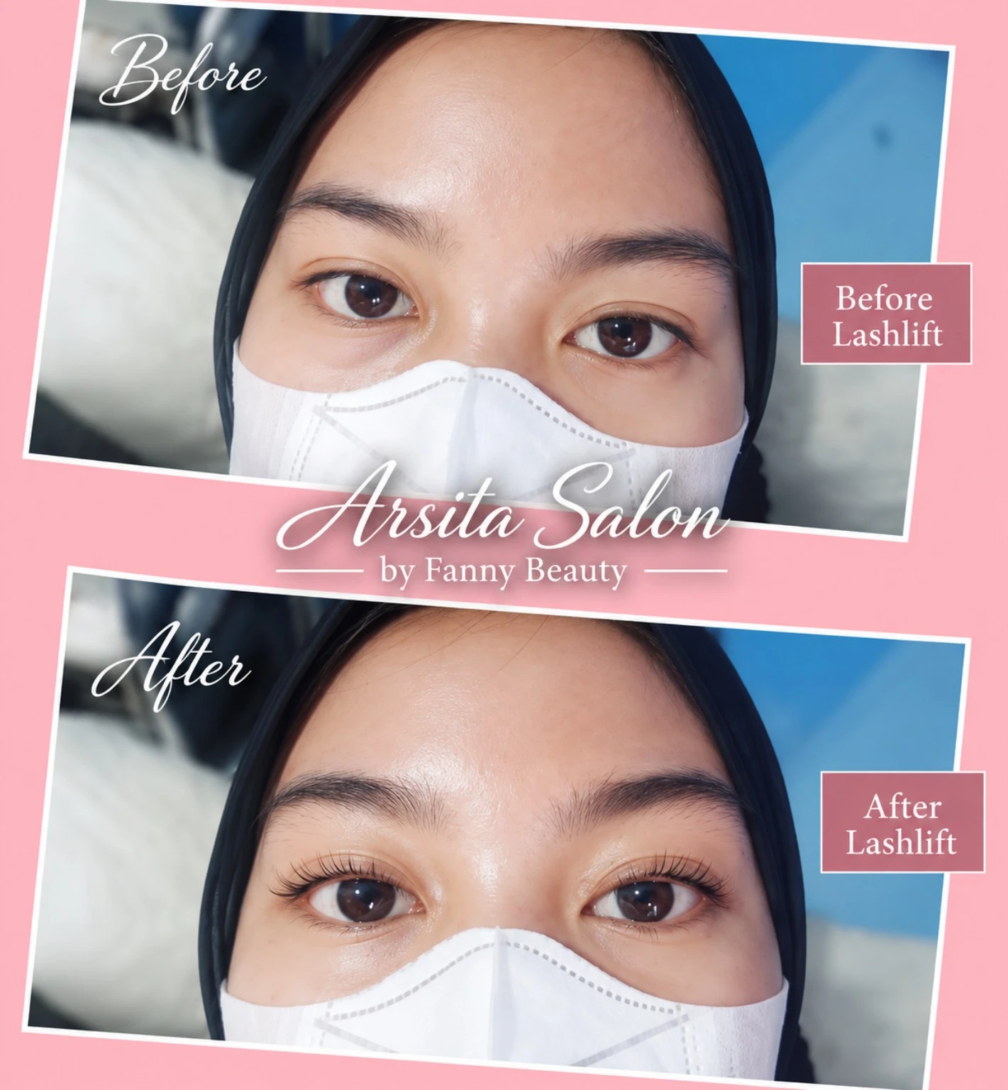 Dua potret wajah bermasker dengan label Before Lashlift dan After Lashlift, serta logo Arsita Salon.