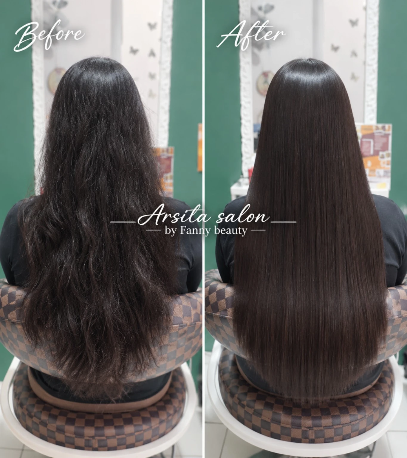 Perbandingan smoothing rambut sangat panjang bergelombang, sebelum dan sesudah lurus di kursi salon.