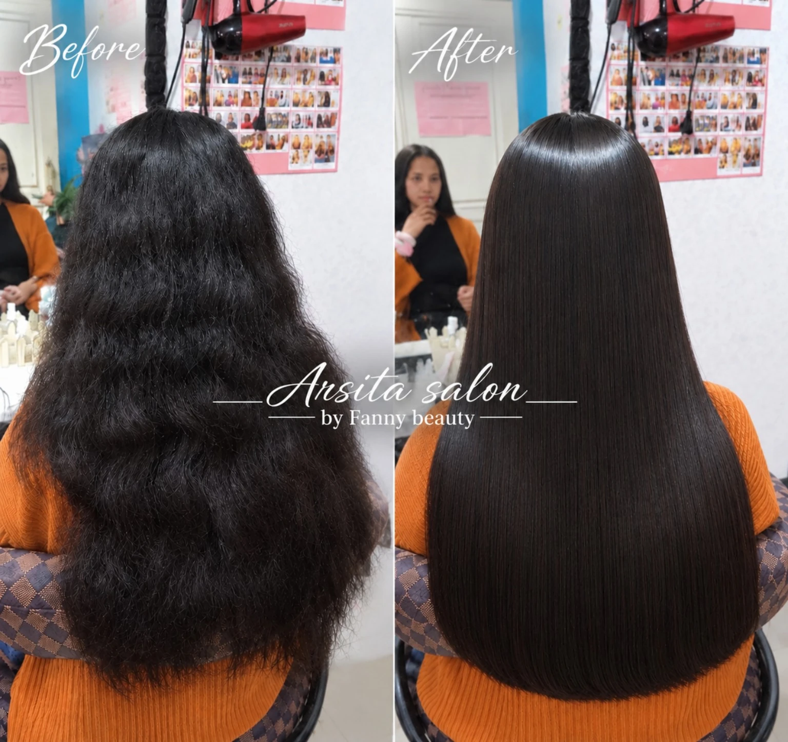 Perbandingan smoothing rambut panjang bergelombang pada pelanggan berbaju jingga, sebelum dan sesudah lurus.