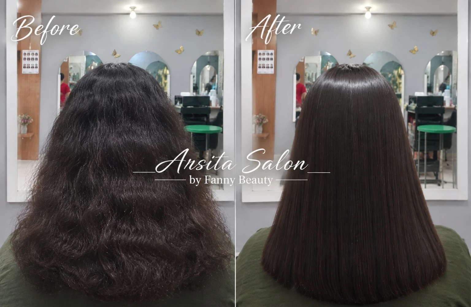 Perbandingan smoothing rambut panjang bergelombang di depan cermin salon, sebelum dan sesudah lurus.