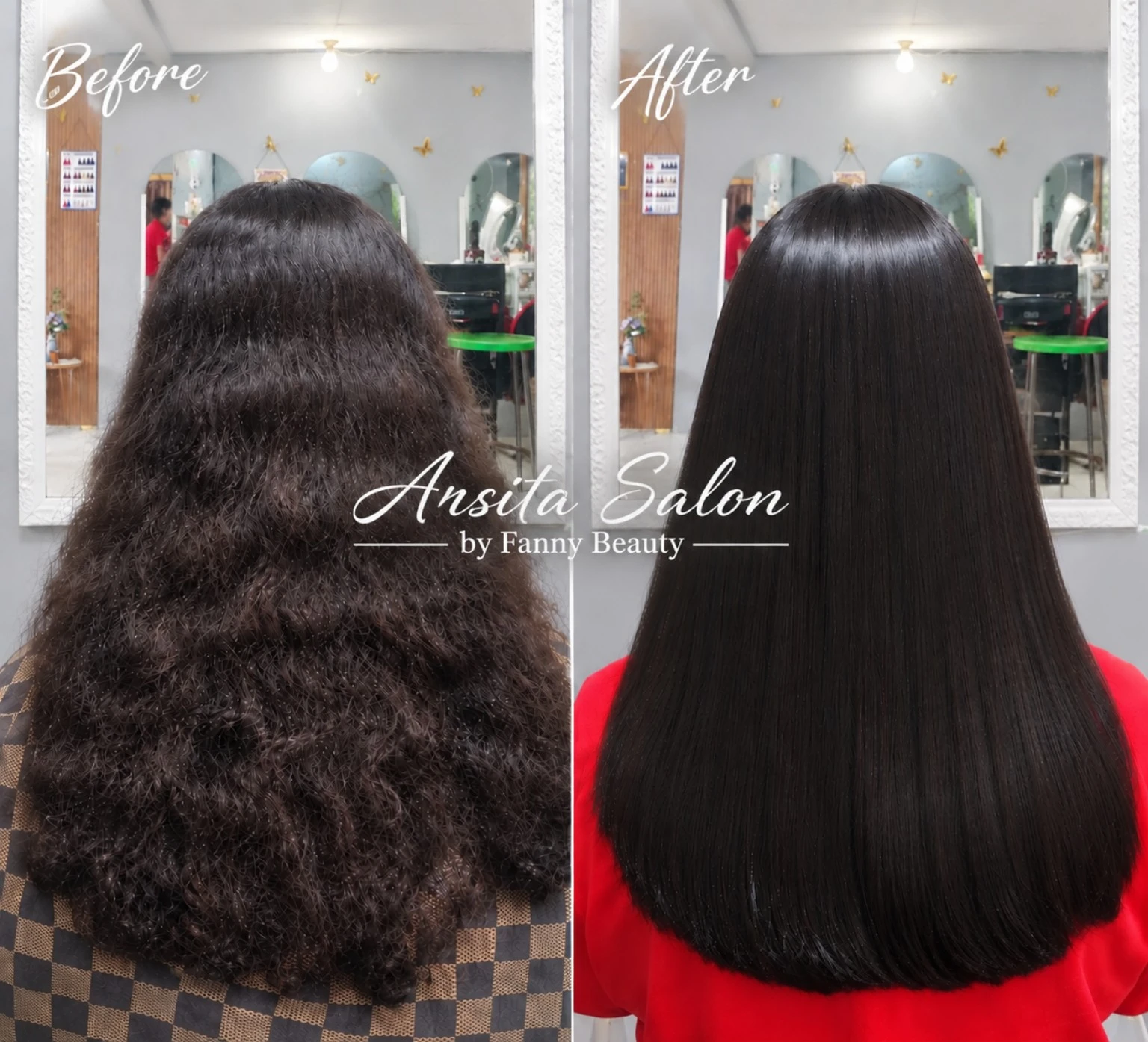 Perbandingan smoothing rambut panjang bergelombang, sebelum dengan kain motif cokelat dan sesudah lurus di atas baju merah.
